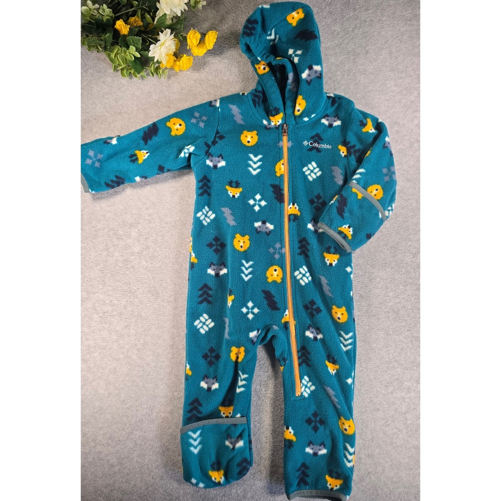 Columbia Fleece Bunting Baby 12-18m Teal Animal Print Hooded Zip Up Winter Cozy